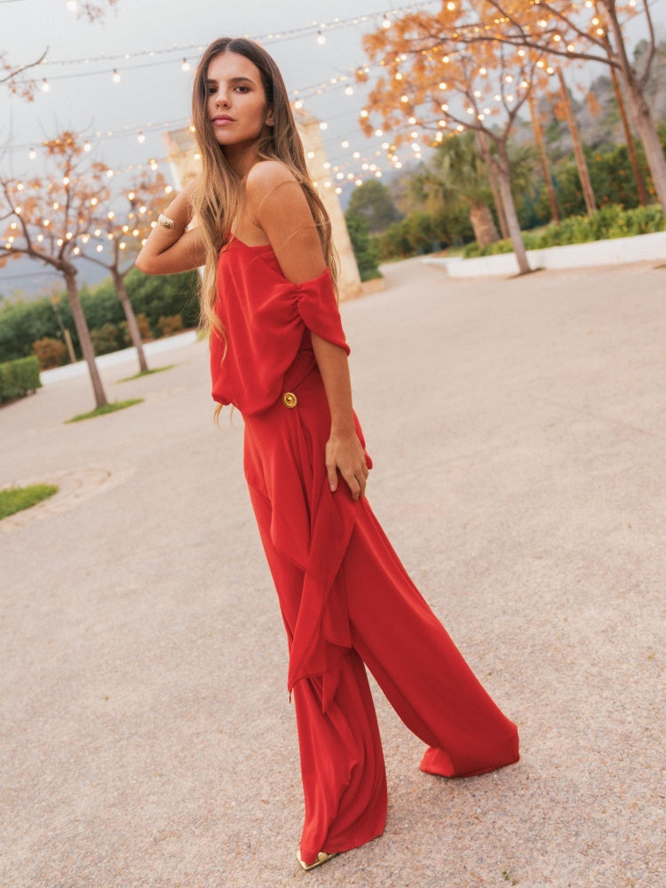Red Convertible Asymmetric Chiffon Jumpsuit