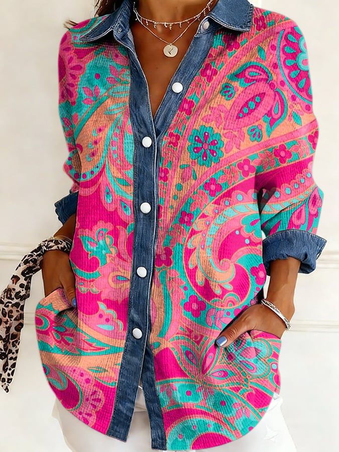Women's Casual Faith Print Color Block Long-Sleeve Shirt