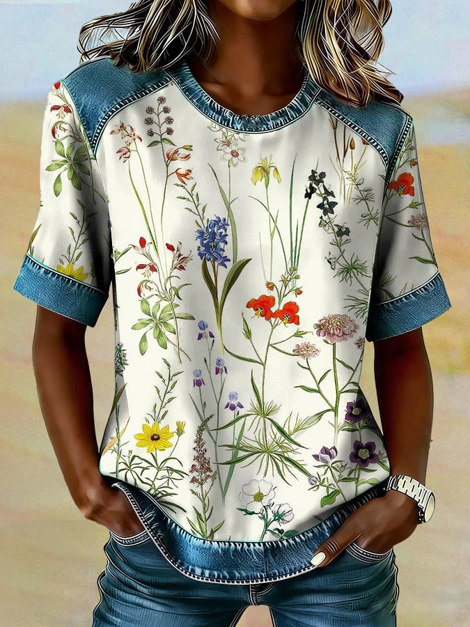 Women's casual retro Western floral T-shirt