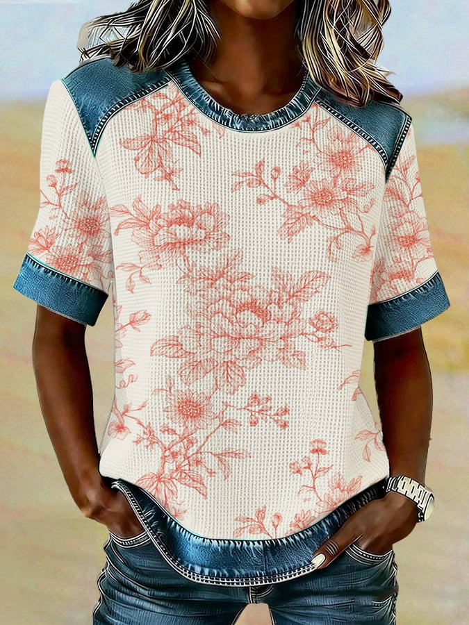 Women's Casual Retro Floral Waffle Color Block T-shirt