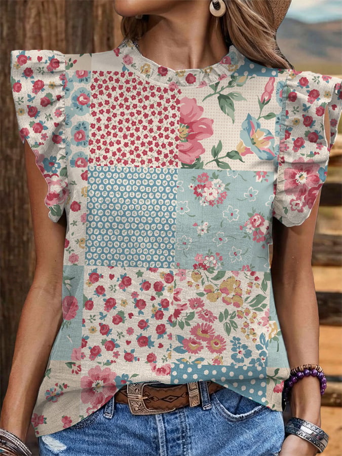 Women's Vintage Floral And Botanical Print Patchwork Art Shirt