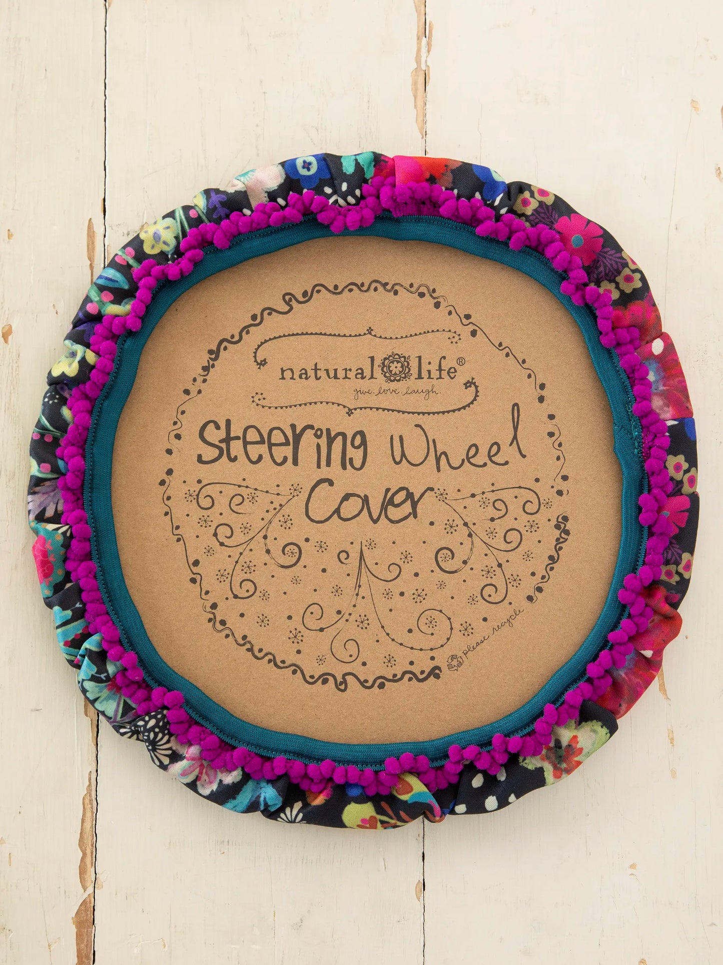 Steering Wheel Cover, 15" - Black Floral