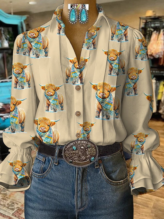 Women's Casual Western Cow Puff Sleeve Shirt