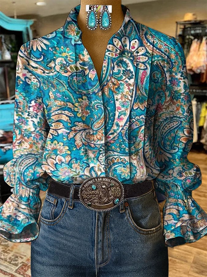 Women'S Paisley Print Casual Cotton And Linen Shirt