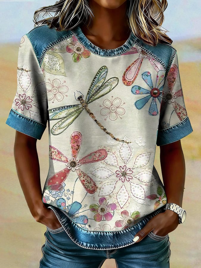 Women's casual retro Western floral T-shirt