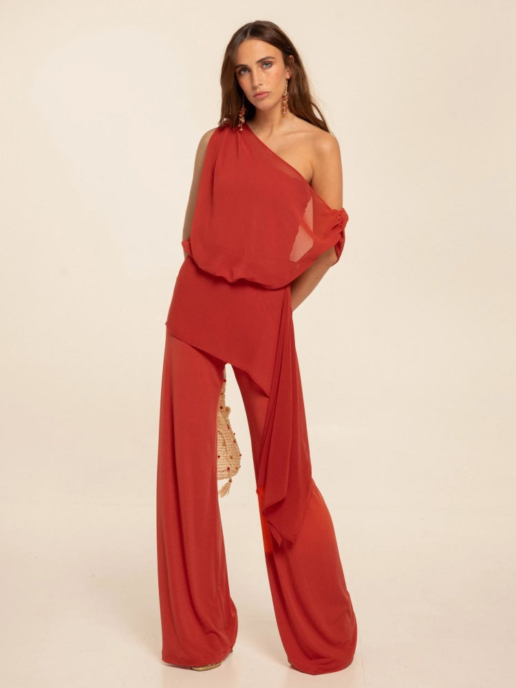 Red Convertible Asymmetric Chiffon Jumpsuit