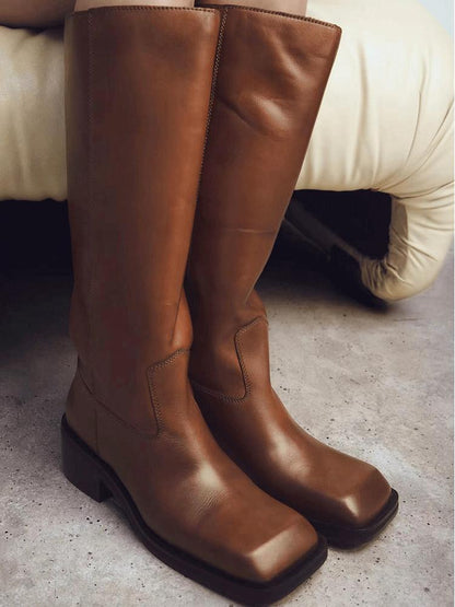 Square toe flat knee boots for women retro thick heel long boots