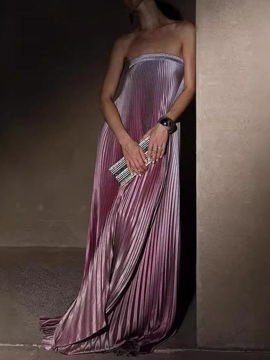 Gradient Strapless Pleated Sleeveless Dress