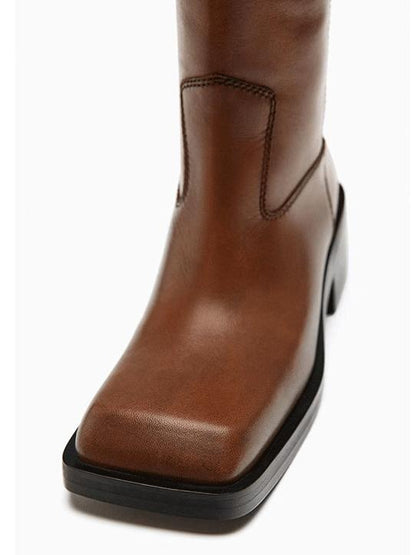 Square toe flat knee boots for women retro thick heel long boots