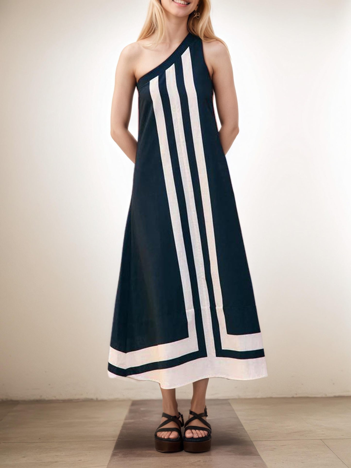 Asymmetrical Neckline Midi Dress