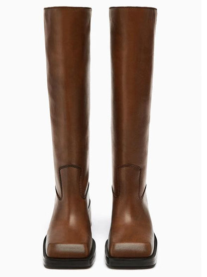 Square toe flat knee boots for women retro thick heel long boots