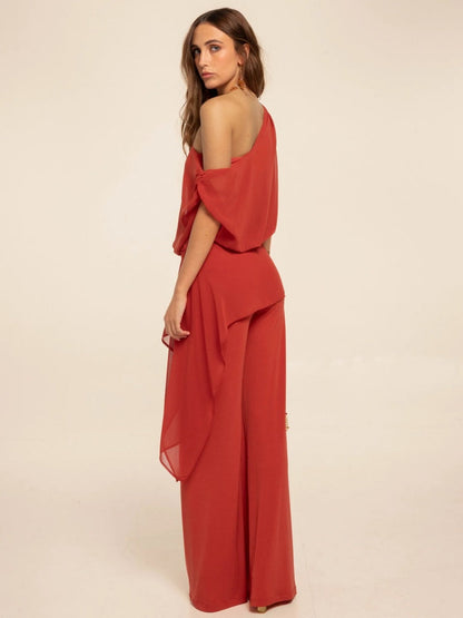 Red Convertible Asymmetric Chiffon Jumpsuit