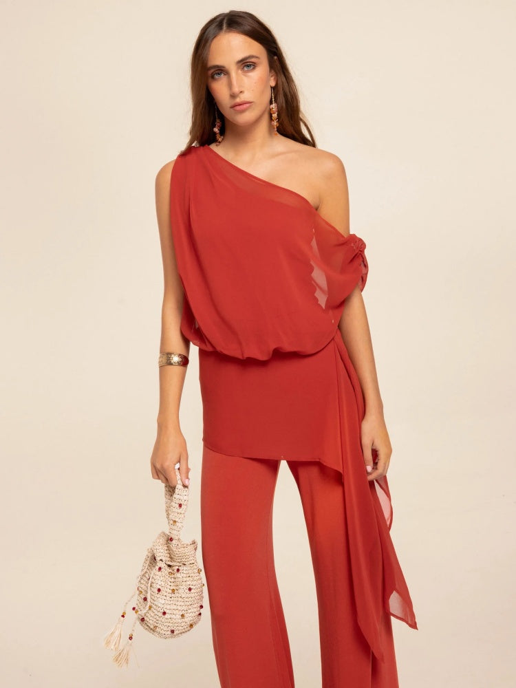 Red Convertible Asymmetric Chiffon Jumpsuit