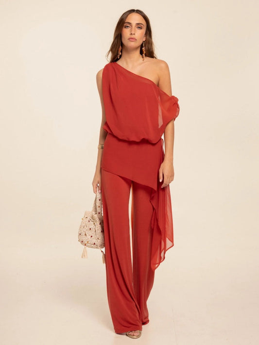 Red Convertible Asymmetric Chiffon Jumpsuit