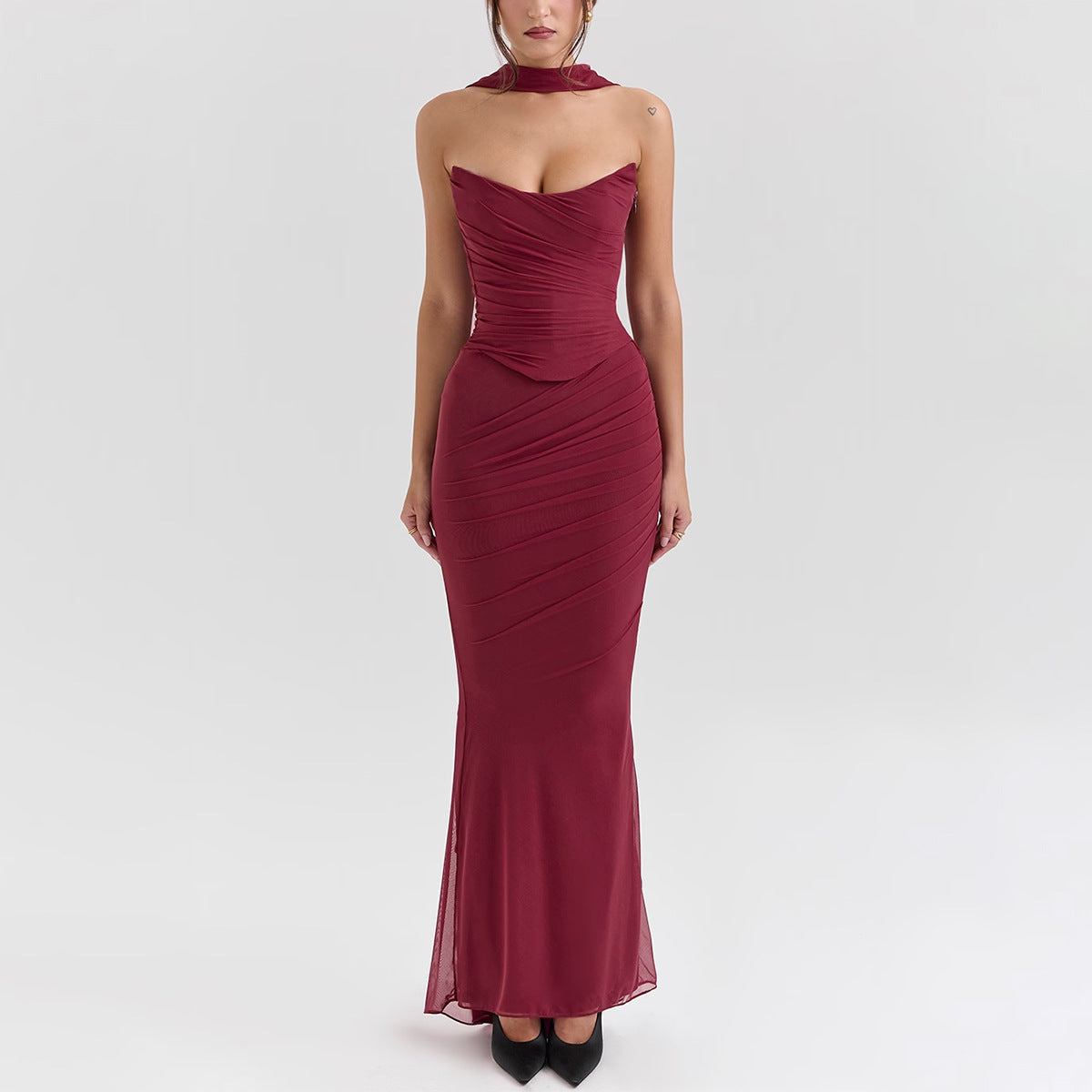 Purple  Strapless Bodice and High Waist Skirt with Tie Set
