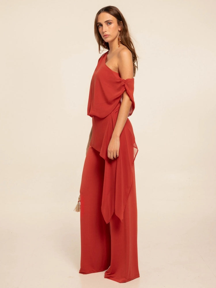 Red Convertible Asymmetric Chiffon Jumpsuit