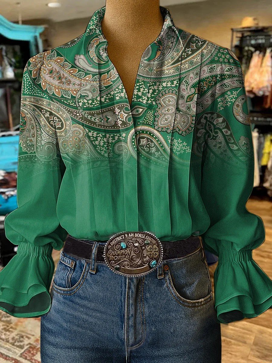 Women'S Paisley Print Casual Cotton And Linen Shirt