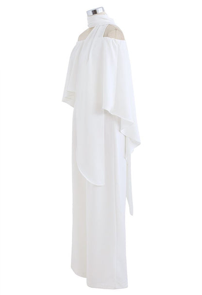 Off-Shoulder Flap Scarf Chiffon White Jumpsuit