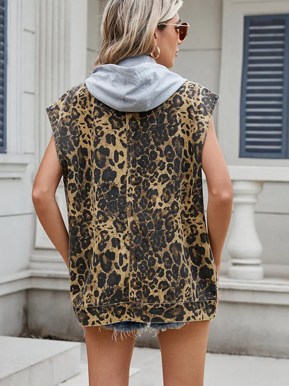 Denim Leopard Print Hooded Vest