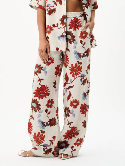 Exquisite Floral Print Lace-Up Wide-Leg Pants