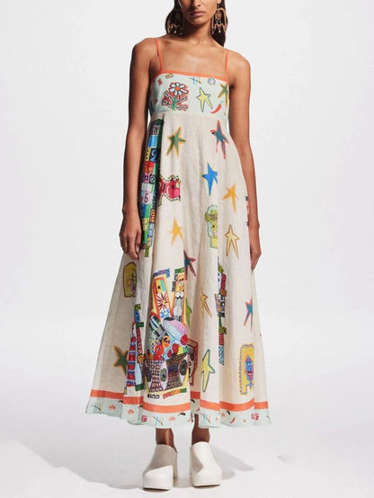 Unique Graffiti Print Suspenders Long Swing Maxi Dress
