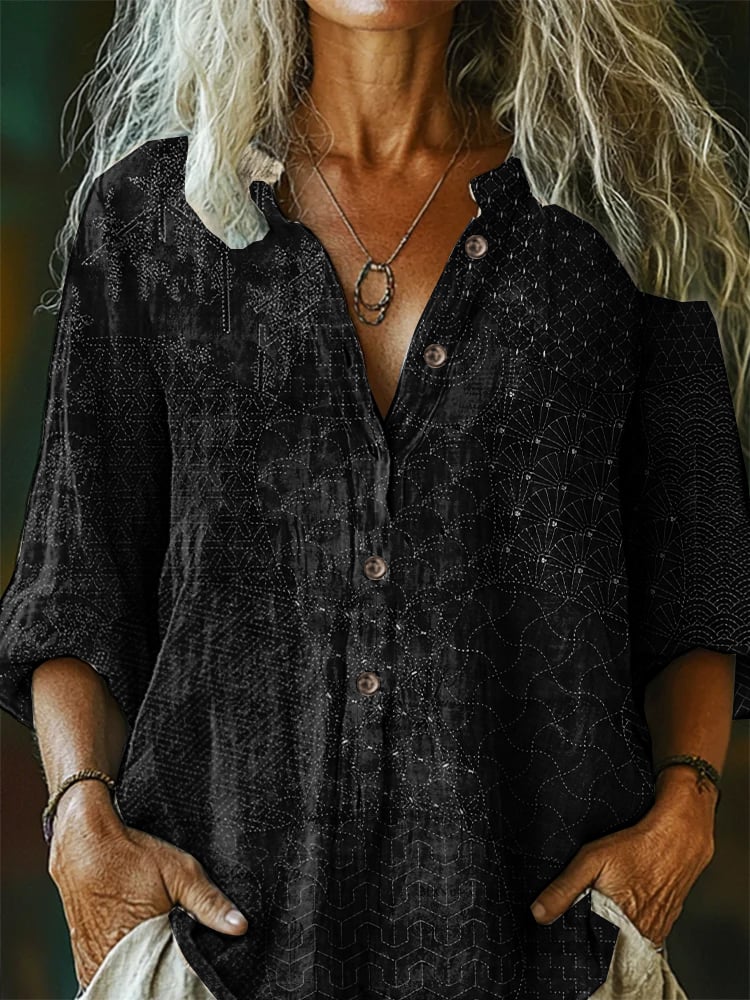 Women's Casual Retro Floral Cotton And Linen Shirt
