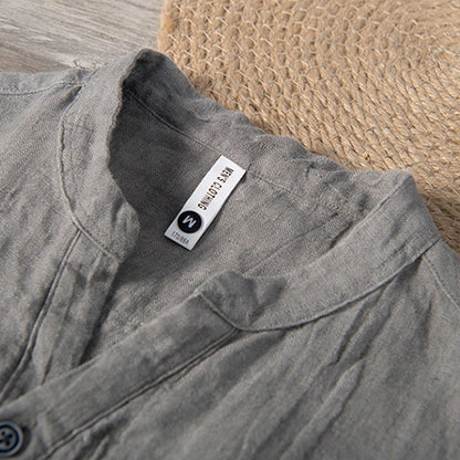 Buddha Stones Solid Color Short Sleeve Half Button Shirt Cotton Linen Men Clothing