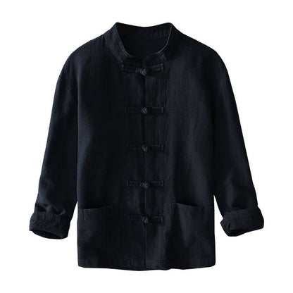 Buddha Stones Frog-Button Chinese Tang Suit Cotton Linen Men Jacket Shirt With Pockets