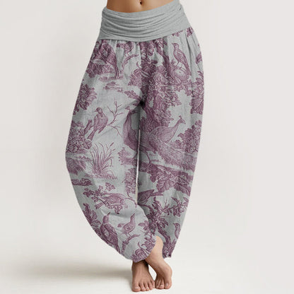 Buddha Stones Cotton Birds Trees Branches Pattern Women's Elastic Waist Harem Pants