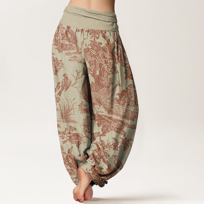 Buddha Stones Cotton Birds Trees Branches Pattern Women's Elastic Waist Harem Pants