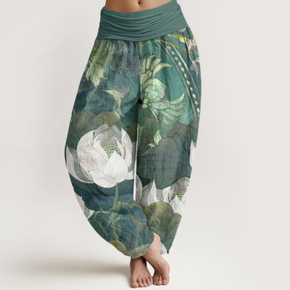 Buddha Stones Cotton White Lotus Leaves Pattern Casual Women's Elastic Waist Harem Pants
