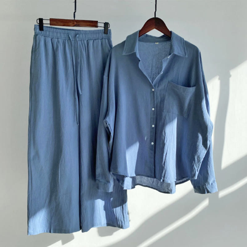 Buddha Stones 2Pcs Long Sleeve Shirt Top With Pockets Drawstring Pants Meditation Cotton Clothing Women's Set