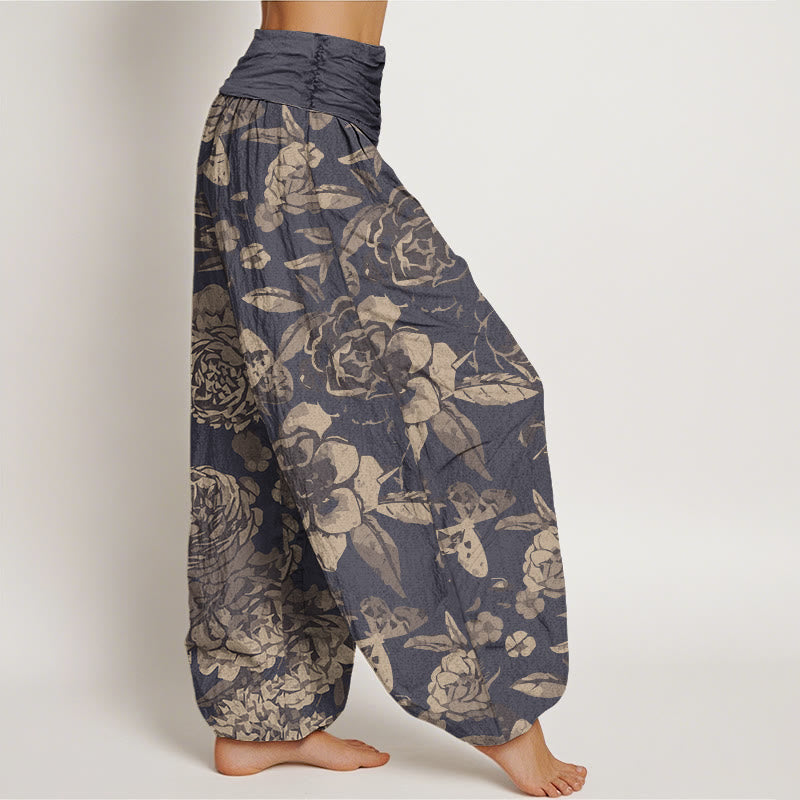 Buddha Stones Cotton Casual Peony Flowers Leaves Women's Elastic Waist Harem Pants