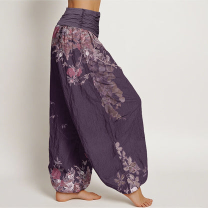 Buddha Stones Cotton Casual Red Peony Flower Vine Design Women's Elastic Waist Harem Pants