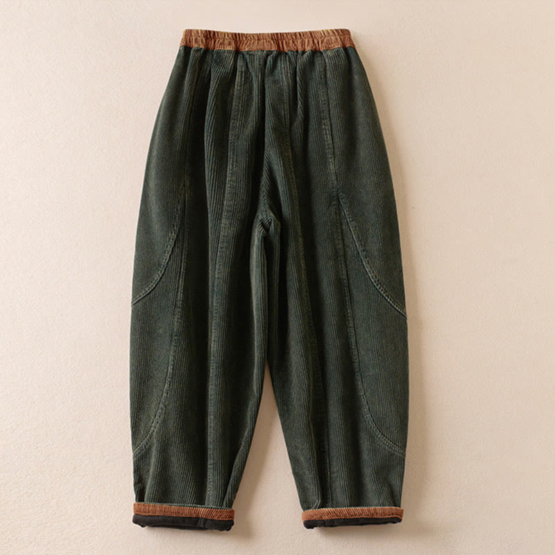Buddha Stones Color Contrast Corduroy Cotton Women's Thermal Fleece-Lined Harem Pants With Pockets