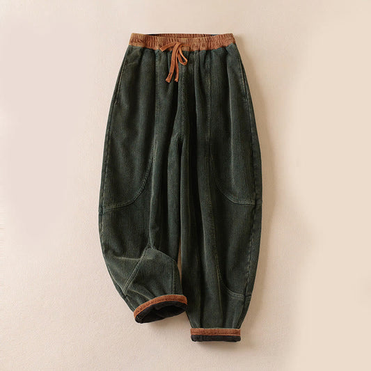 Buddha Stones Color Contrast Corduroy Cotton Women's Thermal Fleece-Lined Harem Pants With Pockets