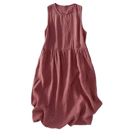 Buddha Stones Casual Plain Handmade Plaid Midi Dress Cotton Sleeveless Dress With Pockets