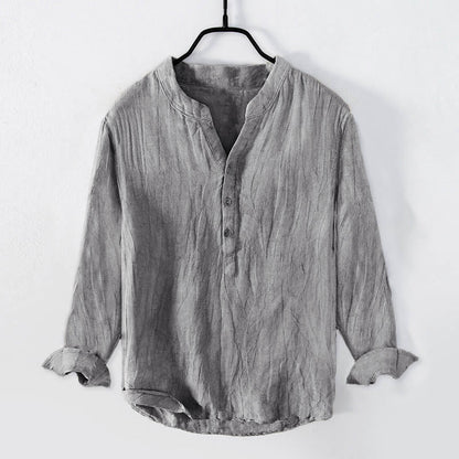 Buddha Stones Solid Color Short Sleeve Half Button Shirt Cotton Linen Men Clothing