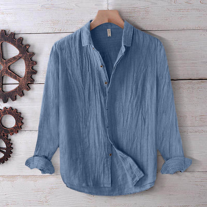 Buddha Stones Men's Shirt Solid Color Lapel Top Short Sleeve Comfy Button Crease Cotton Linen Shirt
