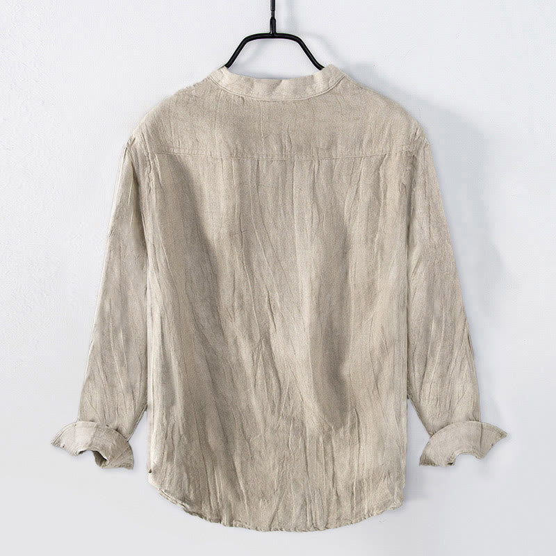 Buddha Stones Solid Color Short Sleeve Half Button Shirt Cotton Linen Men Clothing