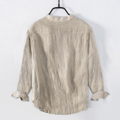 Buddha Stones Solid Color Short Sleeve Half Button Shirt Cotton Linen Men Clothing