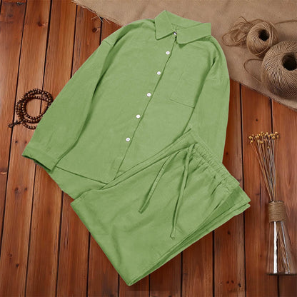 Buddha Stones 2Pcs Long Sleeve Shirt Top With Pockets Drawstring Pants Meditation Cotton Clothing Women's Set