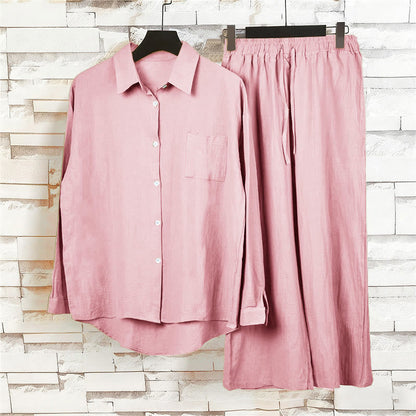 Buddha Stones 2Pcs Long Sleeve Shirt Top With Pockets Drawstring Pants Meditation Cotton Clothing Women's Set