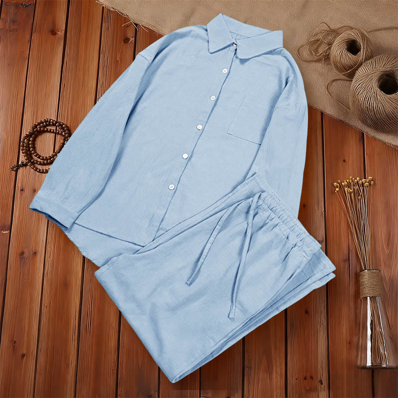 Buddha Stones 2Pcs Long Sleeve Shirt Top With Pockets Drawstring Pants Meditation Cotton Clothing Women's Set
