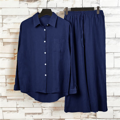 Buddha Stones 2Pcs Long Sleeve Shirt Top With Pockets Drawstring Pants Meditation Cotton Clothing Women's Set