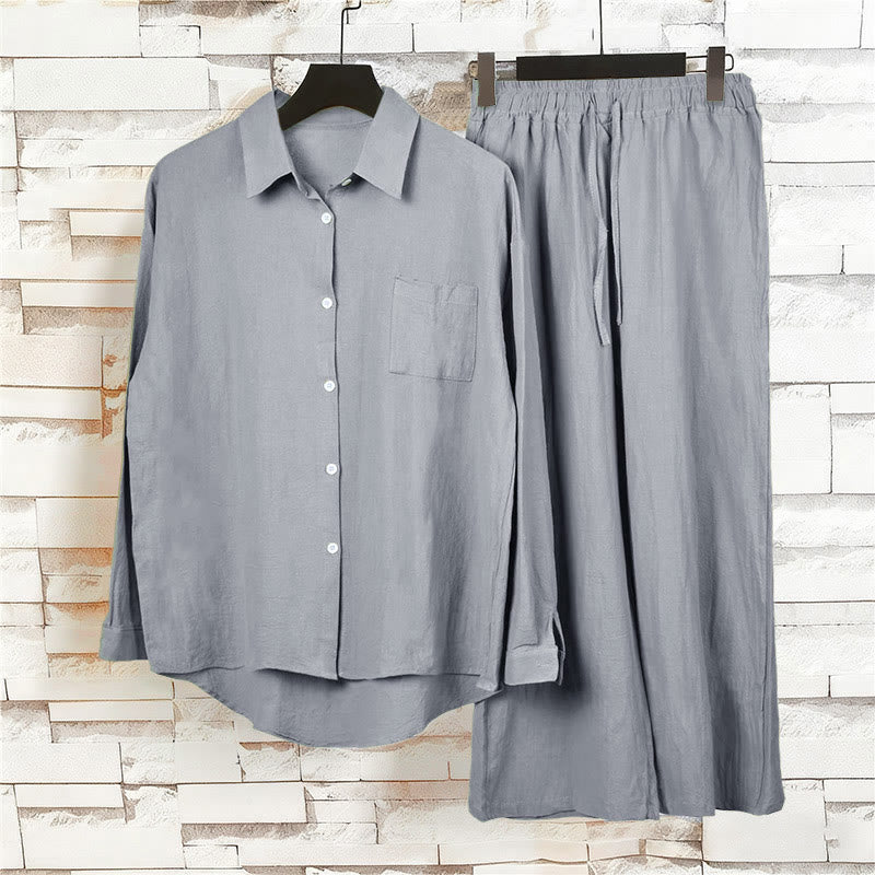 Buddha Stones 2Pcs Long Sleeve Shirt Top With Pockets Drawstring Pants Meditation Cotton Clothing Women's Set