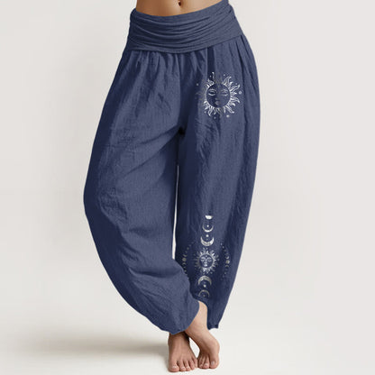 Buddha Stones Sun Moon Stars Pattern Women's Elastic Waist Harem Pure Cotton Pants