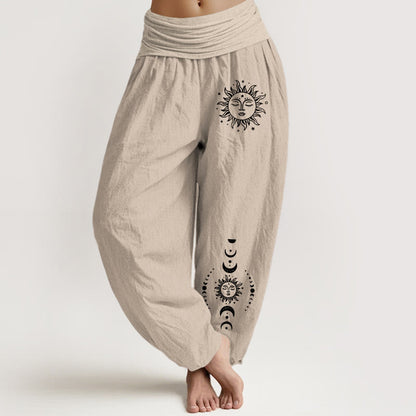 Buddha Stones Sun Moon Stars Pattern Women's Elastic Waist Harem Pure Cotton Pants