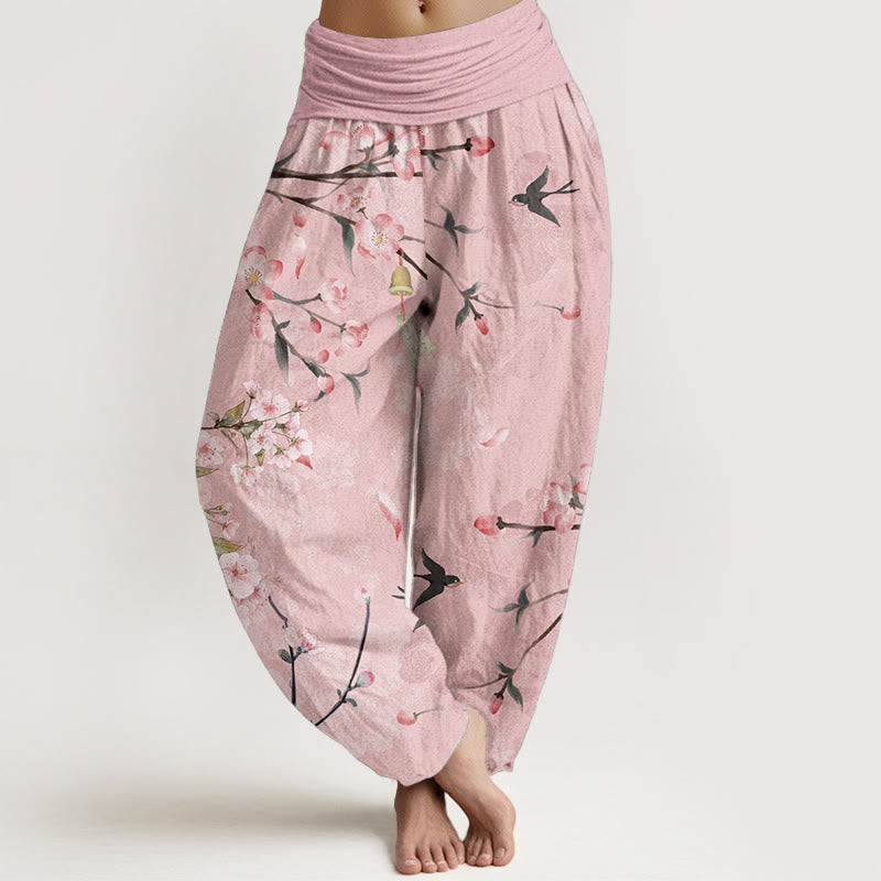 Buddha Stones Pure Cotton Peach Blossoms Flying Geese Pattern Women's Elastic Waist Harem Pants