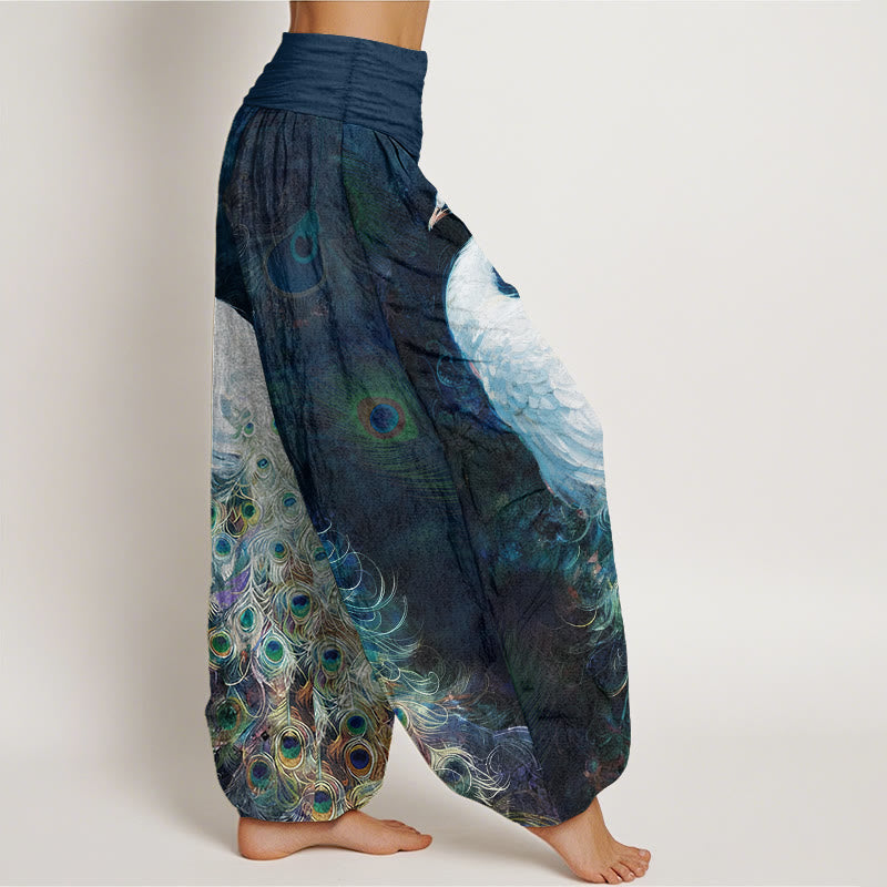 Buddha Stones Pure Cotton Gorgeous Peacock Pattern Women's Elastic Waist Harem Pants